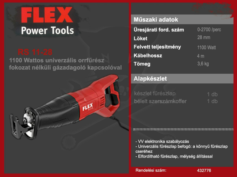 Orrfűrész fokozat nélküli gázadagoló kapcsolóval 1100W - Flex (RS 11-28)