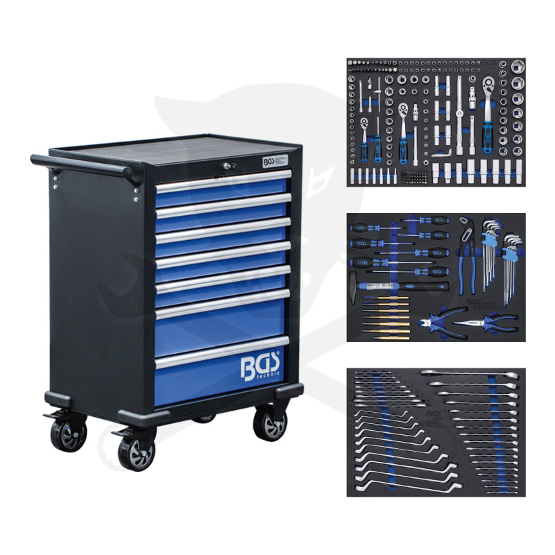 Szerszámos kocsi gyári-felszerelt 263 db-os 7 fiókos kék szekrény - BGS