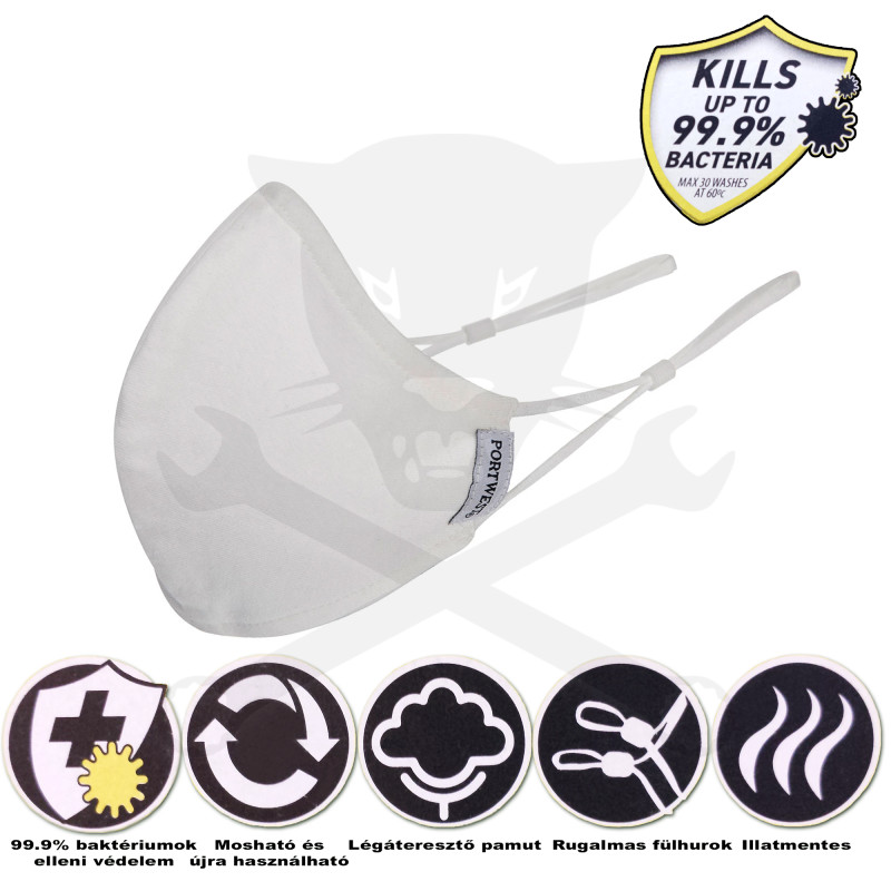 Arcmaszk - szájmaszk - mosható 2 rétegű állítható p.- fehér - 1 db