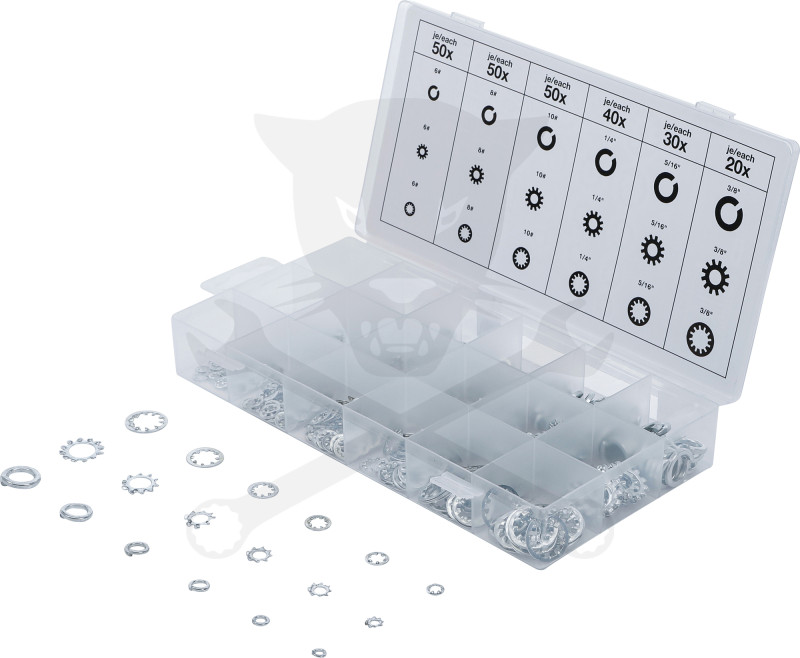 Rugós + körmös alátét készlet 720 db-os 6-8-10 és 1/4"-5/16"-3/8" - BGS