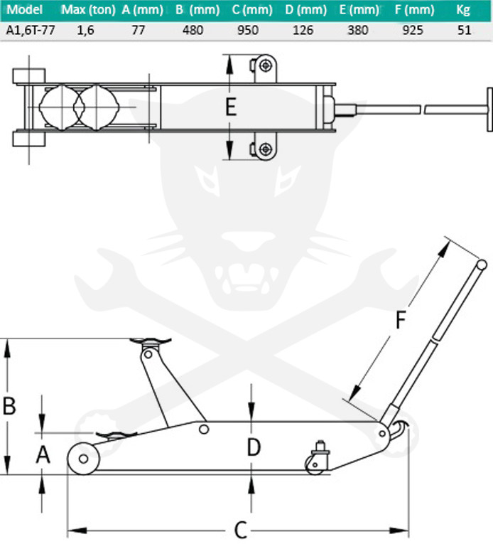 Emelő padló 1.6T krokodil - extra alacsony 77-480 mm LEVEGŐS KIVITEL (A1,6T-77)