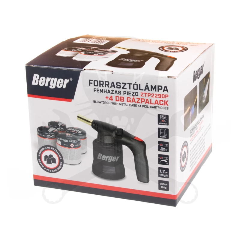Gázégő - gázlámpa piezós fém házas + 4db gázpalack - Berger