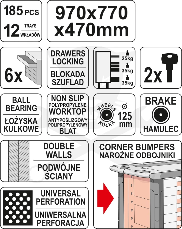 Szerszámos kocsi gyári-felszerelt 185 db-os 6 fiókos - YATO