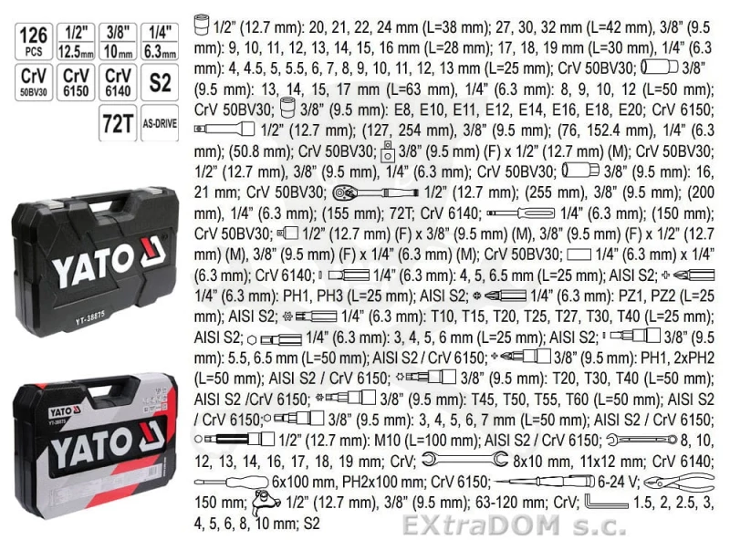 Szerszámkészlet 126 db-os dugókulcs készlet 1/2"-3/8"-1/4" - Yato
