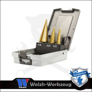 Lemezfúró, lépcsős - készletben 3 db-os HSS TiN 4-30 mm - Welzh