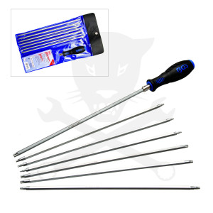 Csavarhúzó készlet extra hosszú 5 és 6 szögű furatos torx 7x2=14 méret
