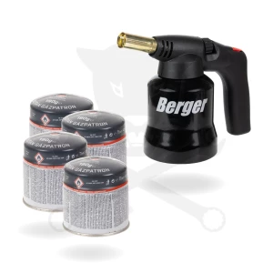 Gázégő - gázlámpa piezós fém házas + 4db gázpalack - Berger