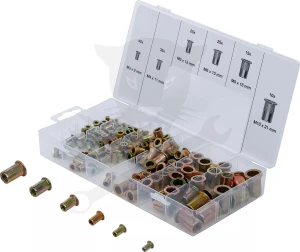 Szegecsanya készlet 150 db-os M3-M4-M5-M6-M8-M10 acél, rovátkolt - BGS